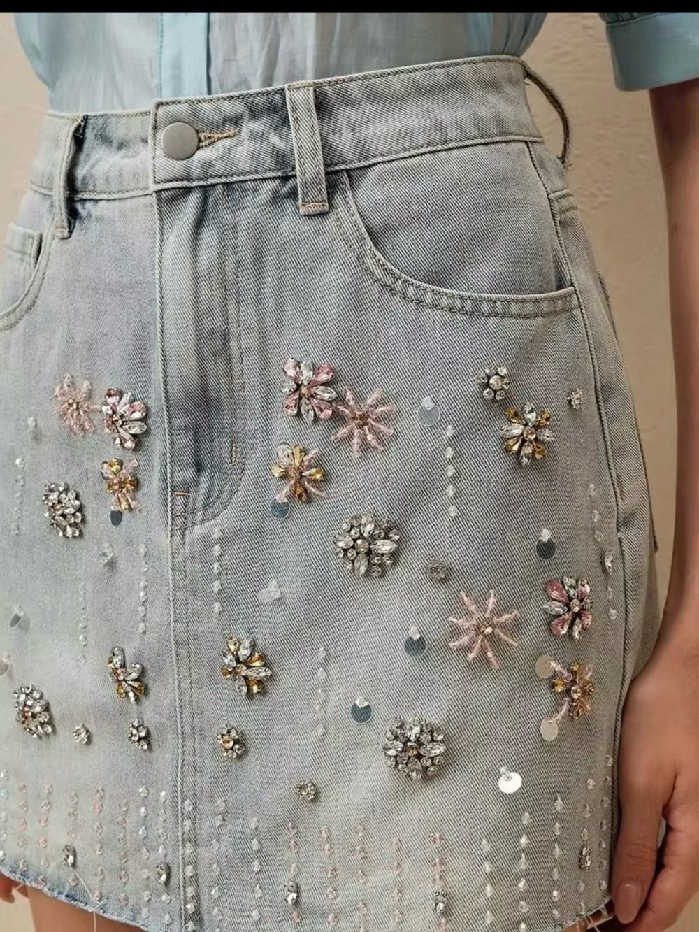 Bejeweled Light Gray Denim Mini Skirt with Floral Embellishments